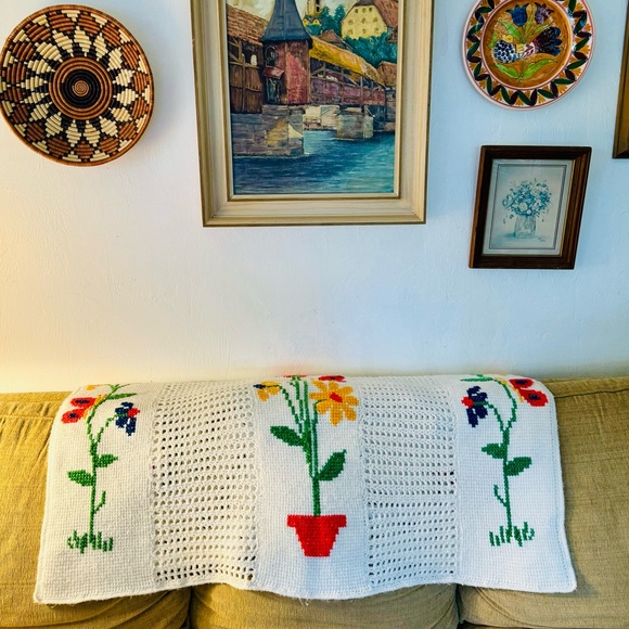 Vtg.Hand Crocheted white red and yellowfloral and butterfly throw